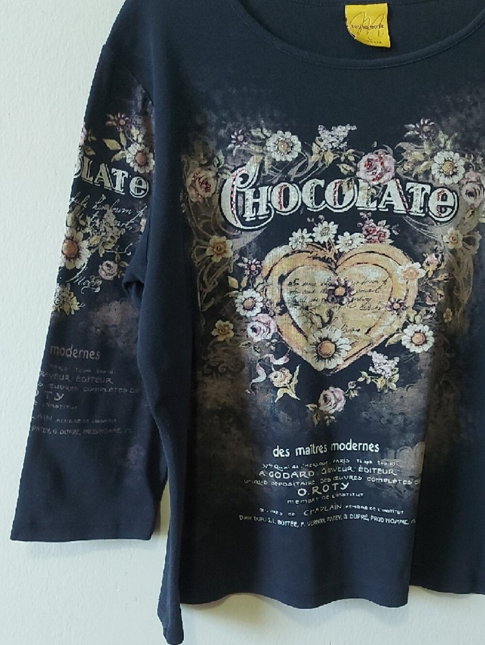 Y2K Whimsy Goth Boho Cotton Rhinestones Floral Chocolate Graphic Long Sleeve Tee - Picture 3 of 10